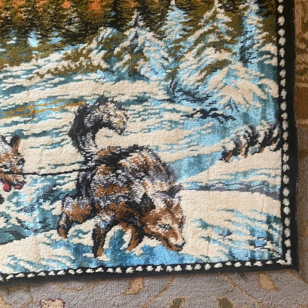 Vintage Velvet Tapestry Dog Sled Team Musher Winter Sunset Wall Hanging 38x19